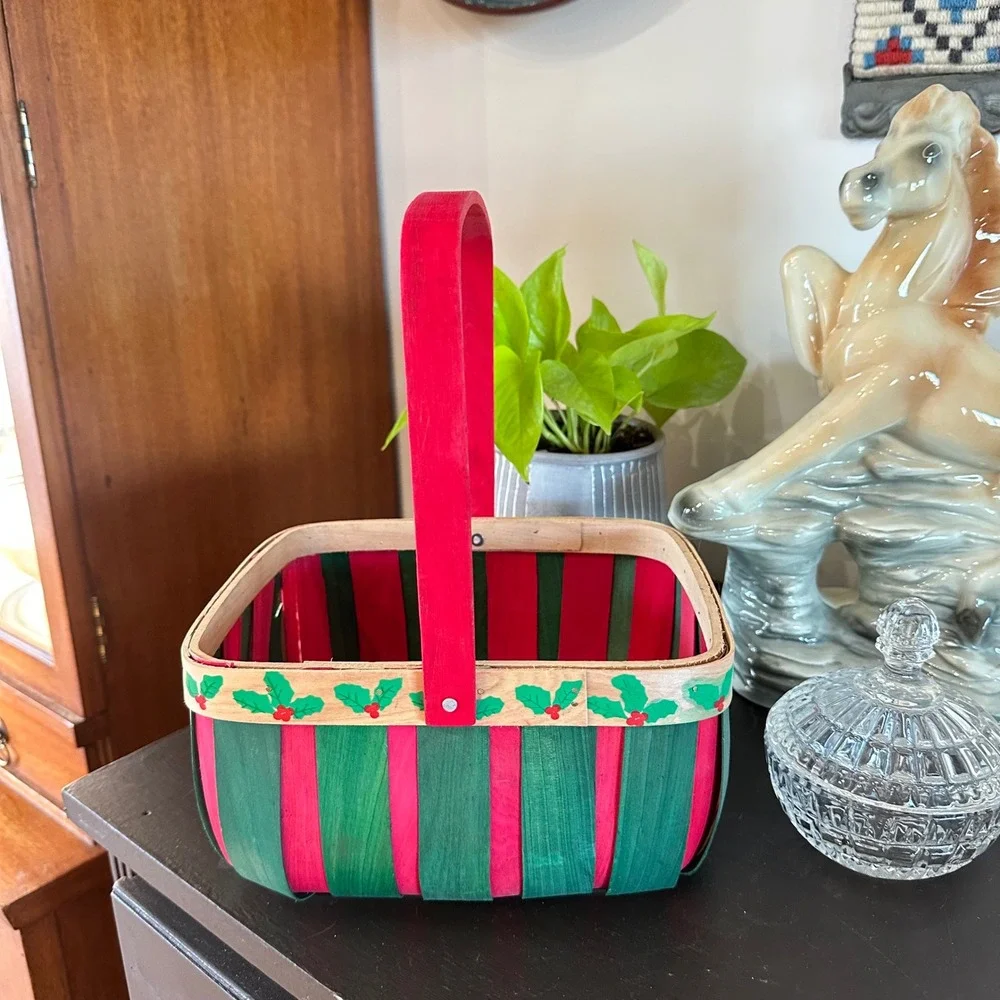 VTG Christmas Woven Wood Basket Red Green Stripe Holly Decor Cottagecore Country